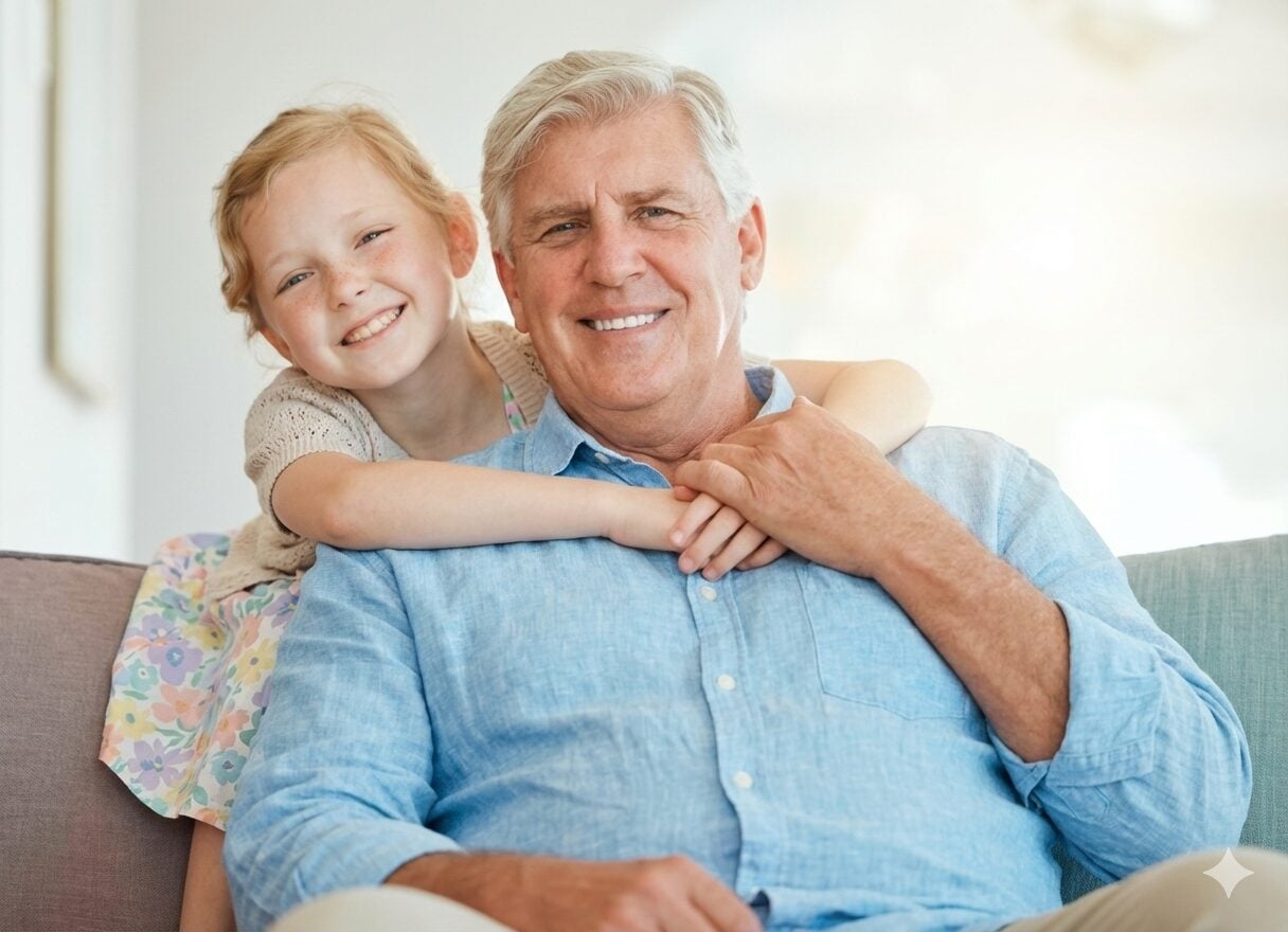 A grandfather and granddaughter laughing together